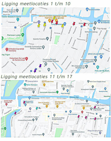 De meetlocaties staan aangegeven met ‘punaises’. (afb. gemeente Leiden)  